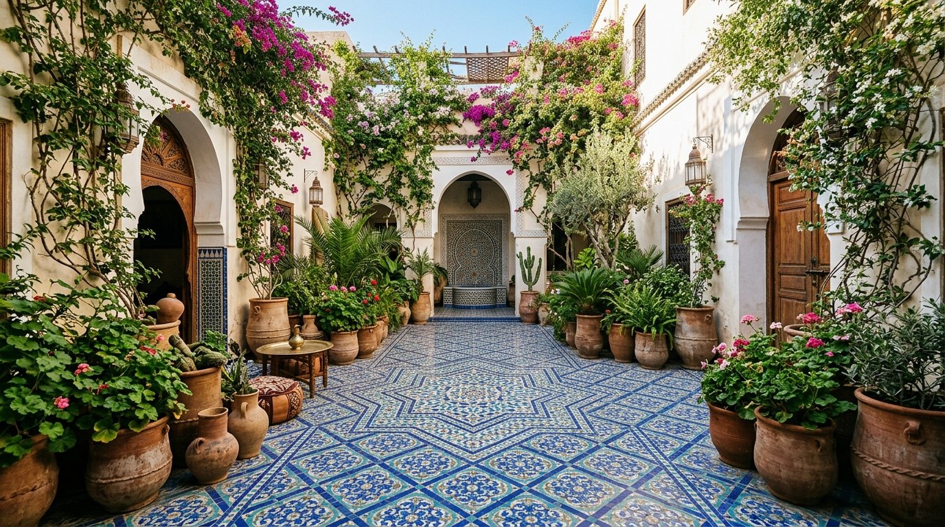 A beautiful open-air Riad courtyard with blue geometric tiled floors, potted plants, and cascading pink bougainvillea flowers.