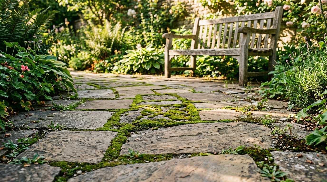 Close up of a flagstone walkway with vibrant green moss growing between the cracked stones leading to a rustic bench.