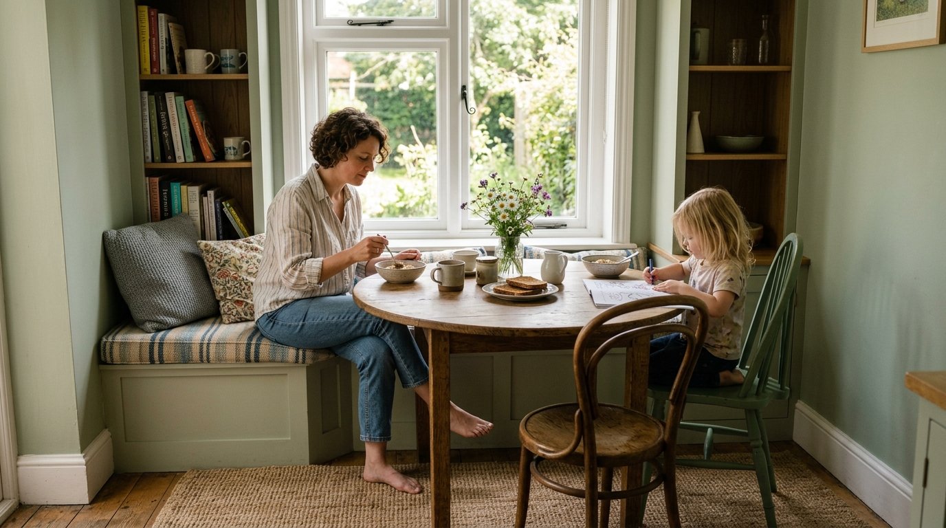 A curly-haired woman sits on a cushioned nook bench eating while a young child draws in a notebook at the wooden table.