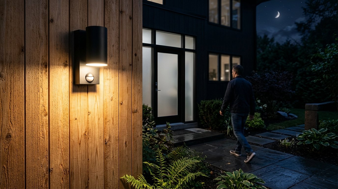 Cylindrical exterior lamp with motion sensor emitting a warm glow on wood siding at night.