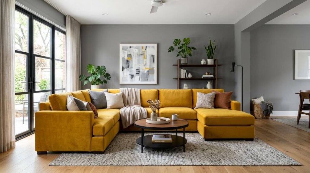 A vibrant mustard yellow sectional sofa centerpiece in a modern, cozy family living room.