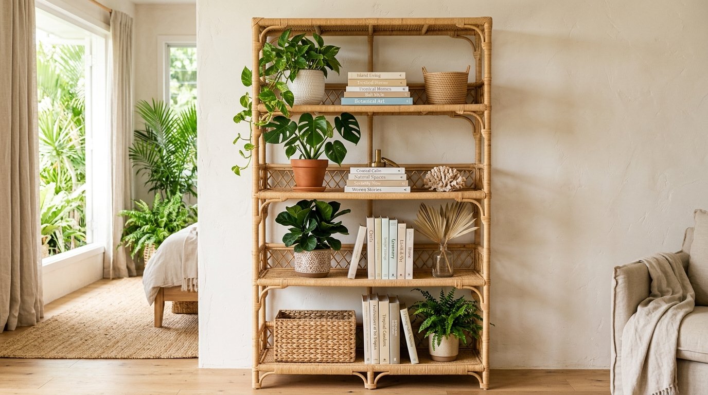 Tall woven rattan shelving unit featuring potted house plants, decorative books, baskets, and a piece of coral.