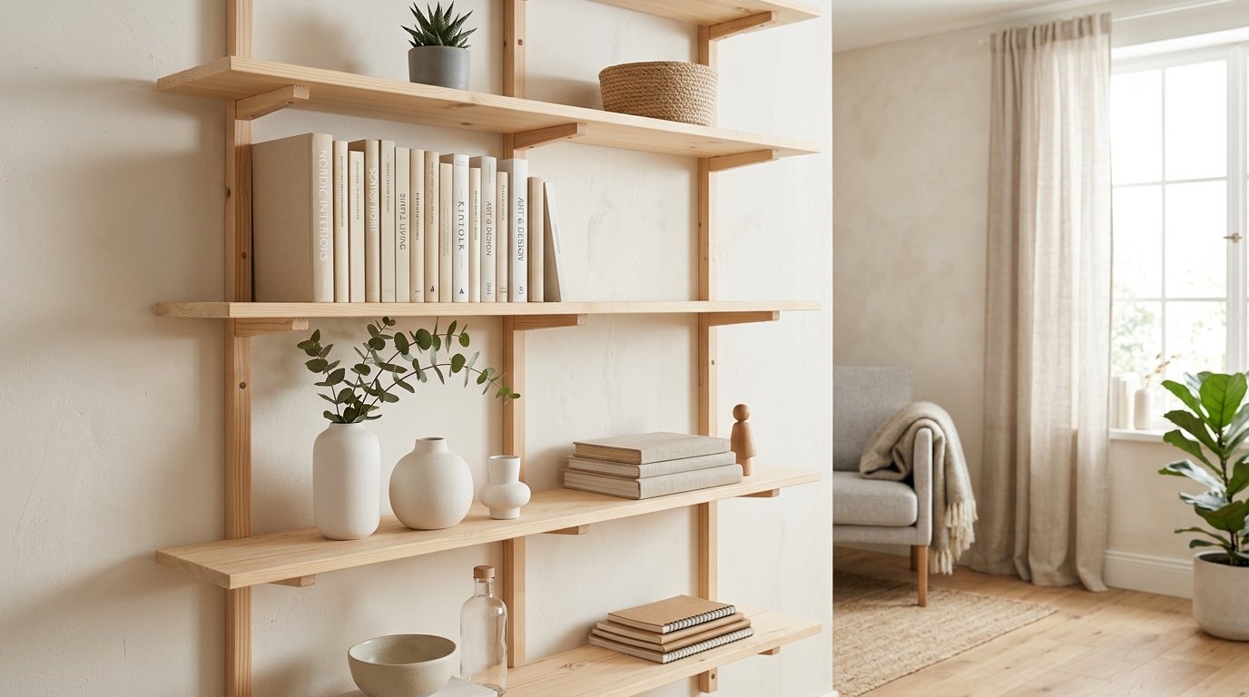 Wall-mounted light wood shelves holding white books, vases with eucalyptus, and small house plants in a bright room.