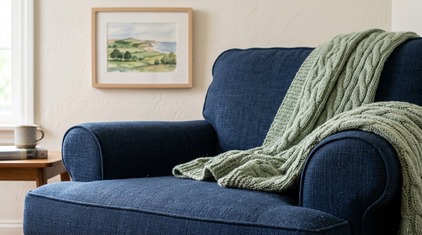 A textured blue fabric armchair featuring a soft green cable knit throw draped over the arm in a sunlit corner.