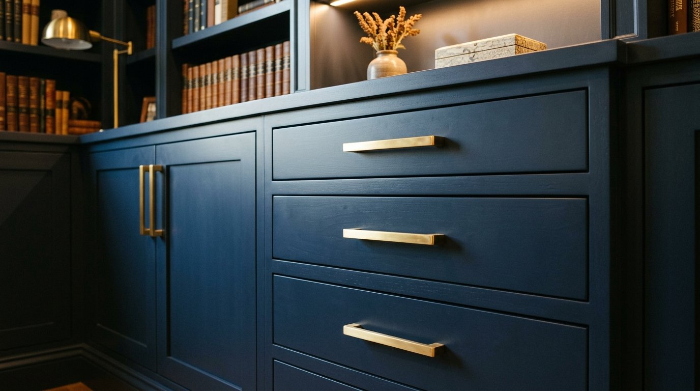 Close up of deep blue drawers with gold handles inside a home office study with bookshelves.