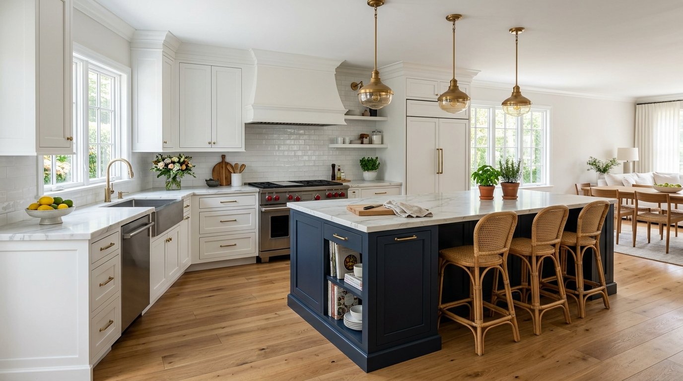Spacious kitchen with marble countertops, white cabinets, and wicker bar stools at a dark blue center island.