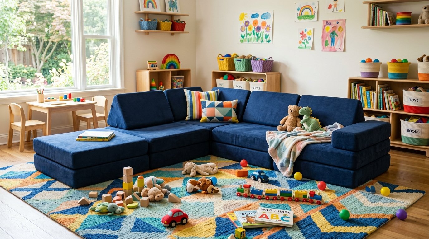 Plush blue sectional couch in a colorful children's room surrounded by scattered wooden blocks, toy cars, and board books.