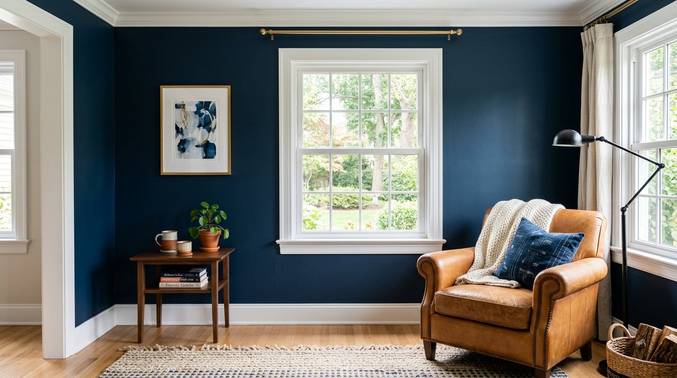 Tan leather wingback chair with a throw blanket next to a window in a room with dark blue walls.