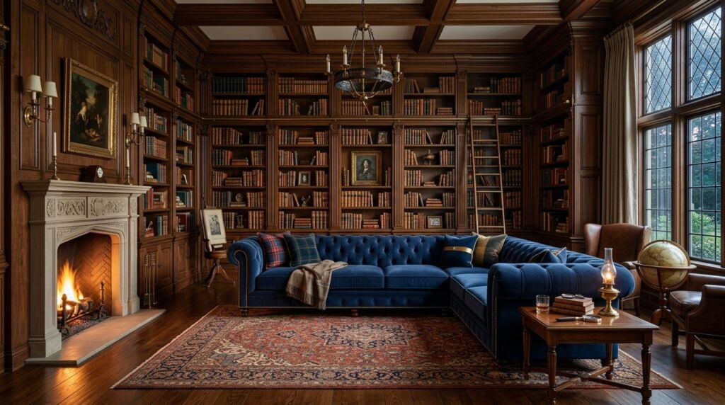 A luxurious navy blue tufted sectional sofa centerpiece in a modern family living room setting.