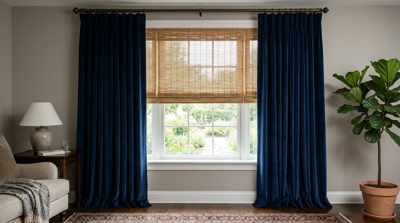 A living room window featuring deep blue curtains, a light brown bamboo blind, and a large fiddle leaf fig plant.