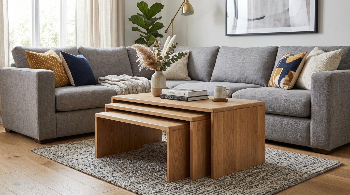 A low wooden nesting coffee table set sits on a textured rug in front of a grey sectional sofa.