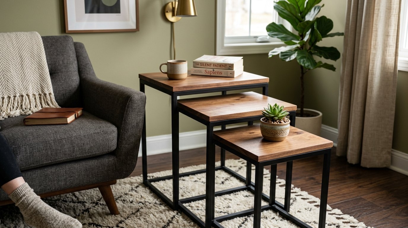 A set of three stacked wooden side tables with black metal legs featuring books, a coffee mug, and a potted succulent.