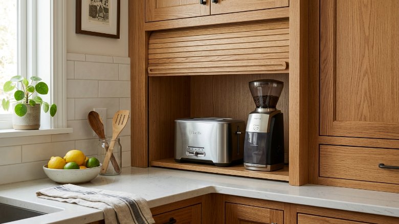 Countertop coffee appliance garage with a toaster and grinder nestled in wood cabinetry next to a bowl of lemons.
