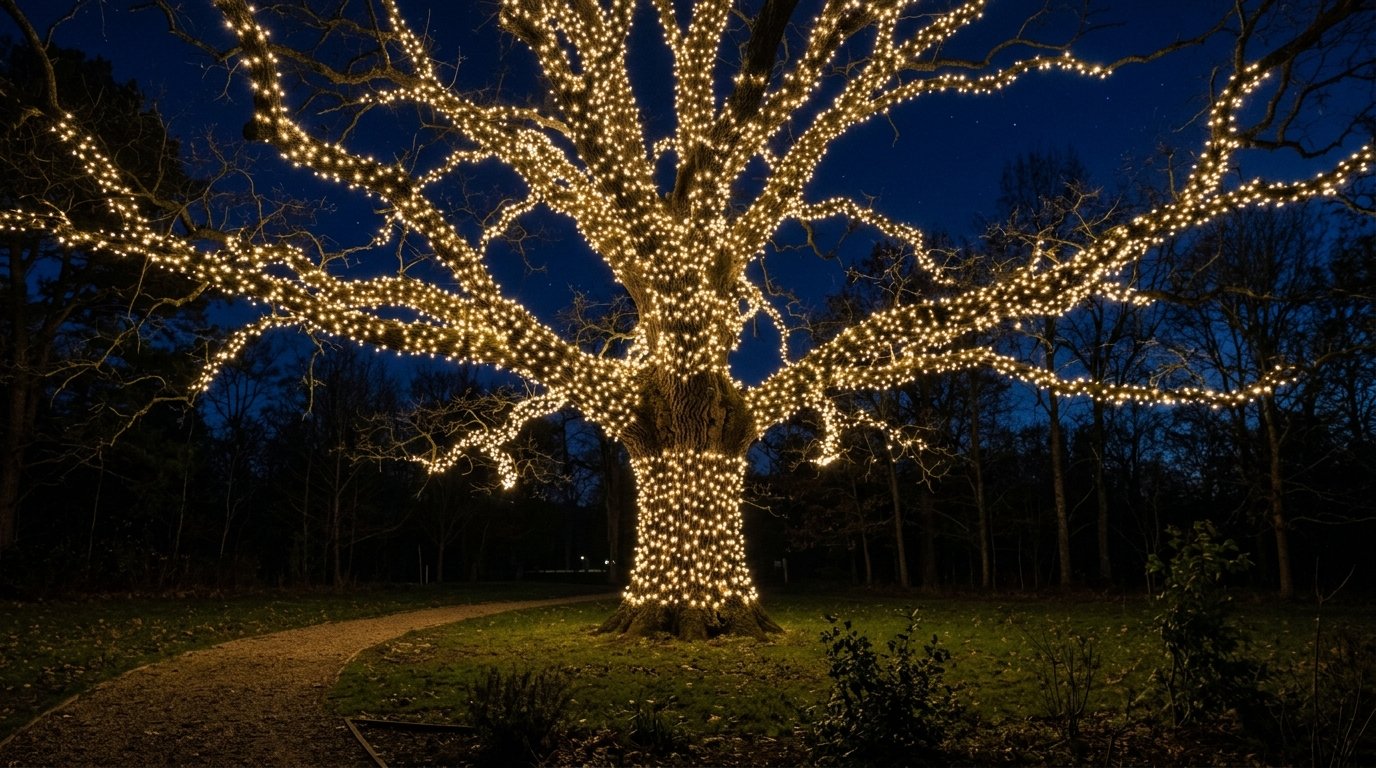 A large, bare-branched tree in a park at twilight, with its trunk and every branch covered in warm white string lights.