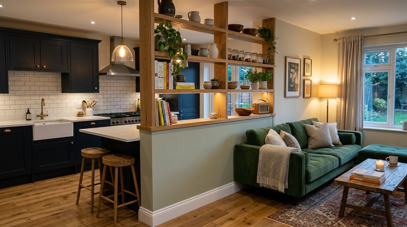 An open plan room featuring a dark blue kitchen and a velvet green sofa separated by an oak bookshelf.