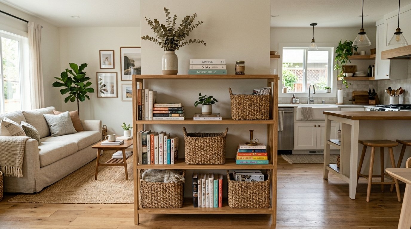 A wooden shelving unit filled with books and woven baskets sits between a neutral living area and a bright open kitchen.