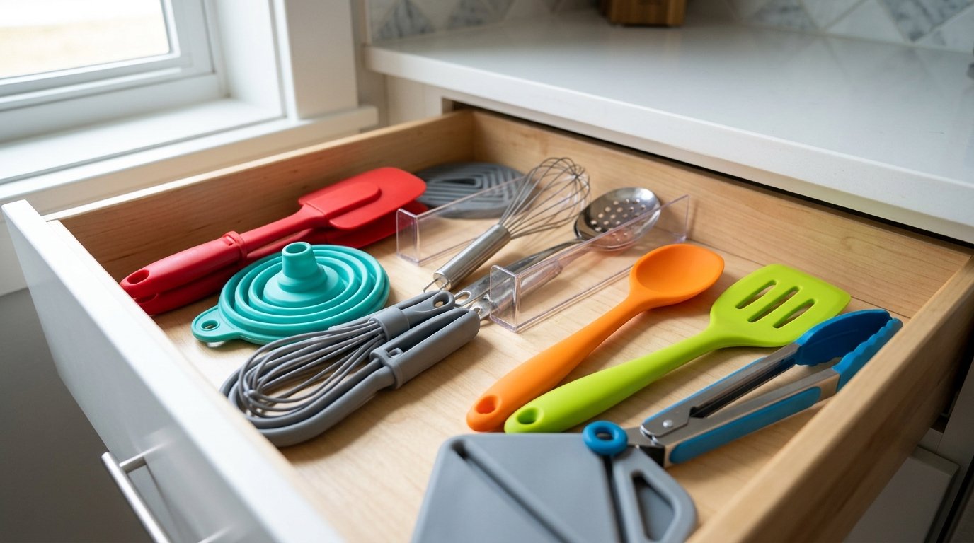 Top-down view of a wooden kitchen drawer holding spatulas, whisks, and tongs neatly separated.