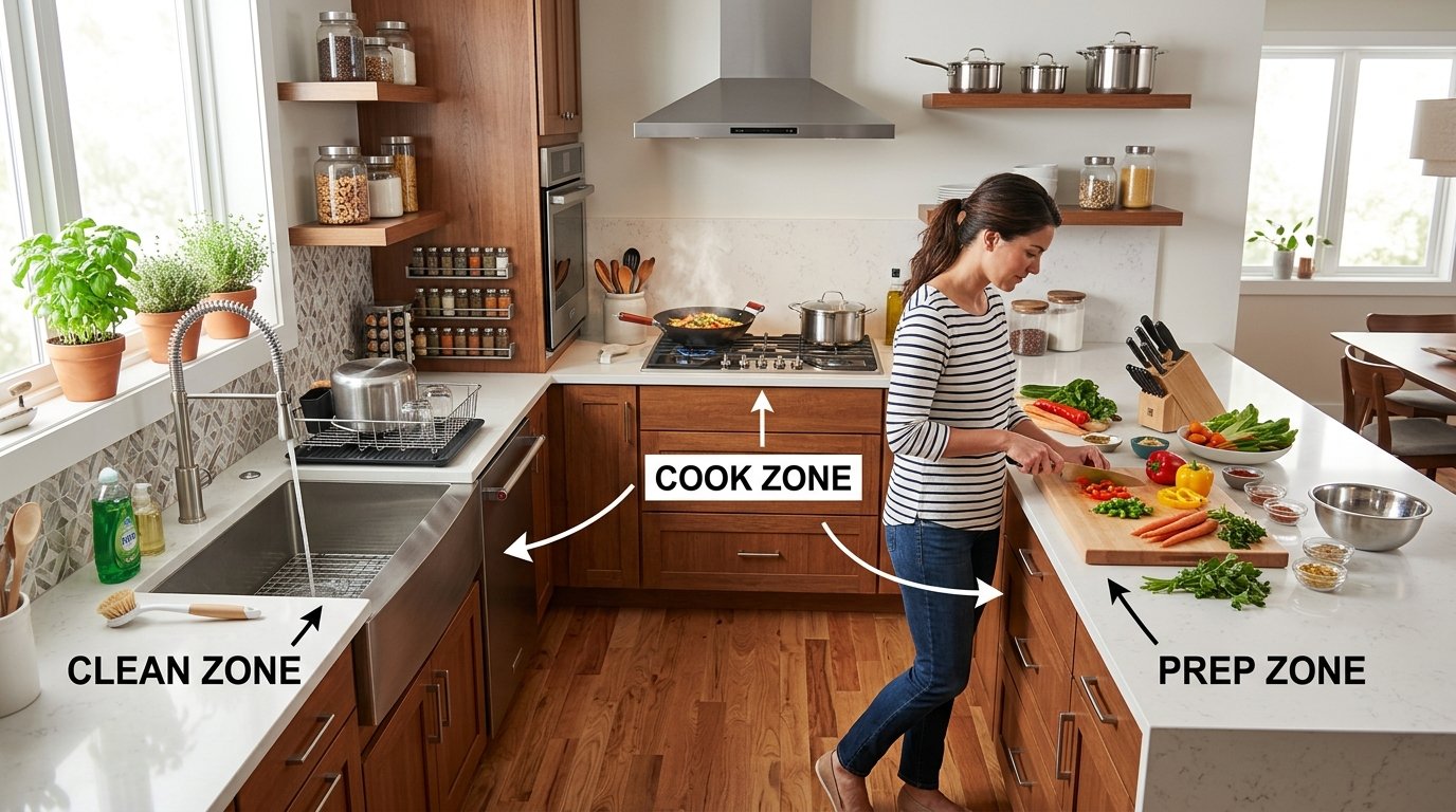 A woman slicing produce on a wooden board labeled as a prep zone in a kitchen divided into cleaning and cooking areas.