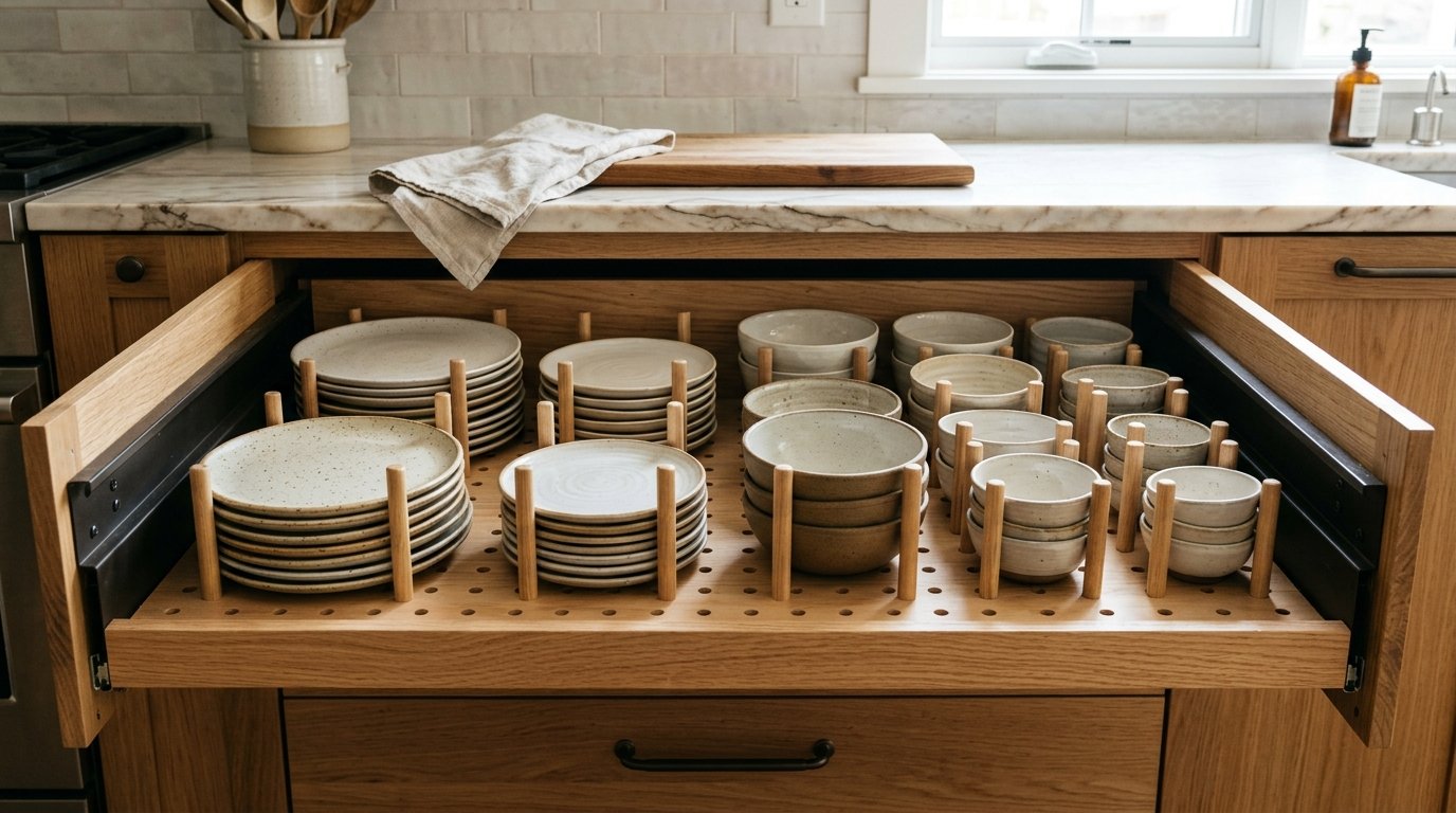Open wooden kitchen drawer featuring organized stacks of ceramic plates and bowls held in place by a pegboard system.