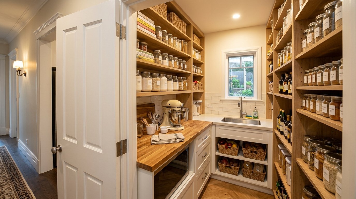 Walk-in pantry with wooden counters, a small sink, and glass jars filled with dry goods on floor-to-ceiling shelves.