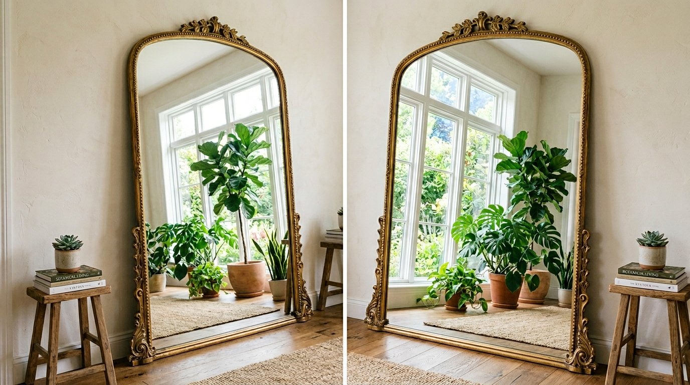An ornate gold full-length arched floor mirror reflects a sunlit room filled with several indoor green potted plants.