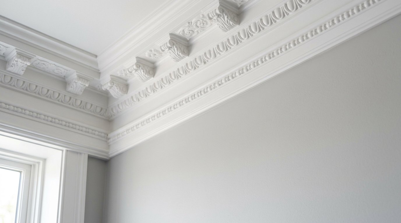 Close-up of elaborate ceiling crown molding with floral motifs and corbels against a plain grey wall.
