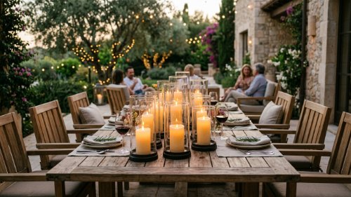 A long wooden table arranged for dinner on a stone patio featuring many glass-encased candles and place settings.