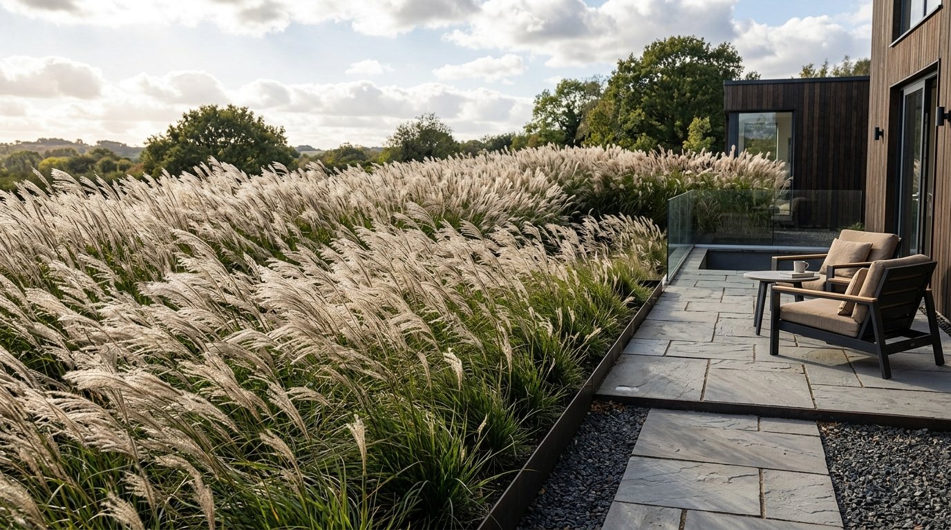 Two lounge chairs on a stone terrace beside a large patch of feathery grasses under a cloudy sky.