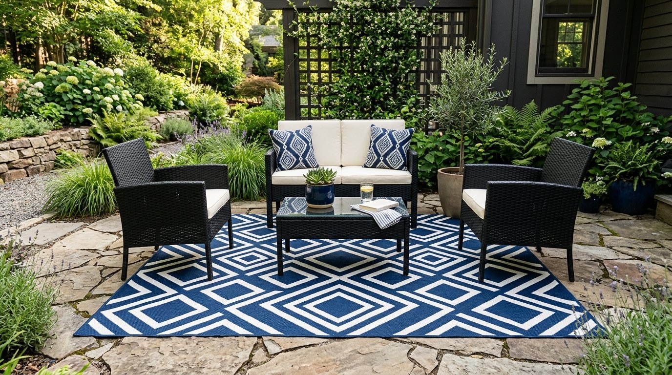 A set of black woven chairs and a loveseat with cream cushions on a stone patio featuring a blue and white patterned rug.
