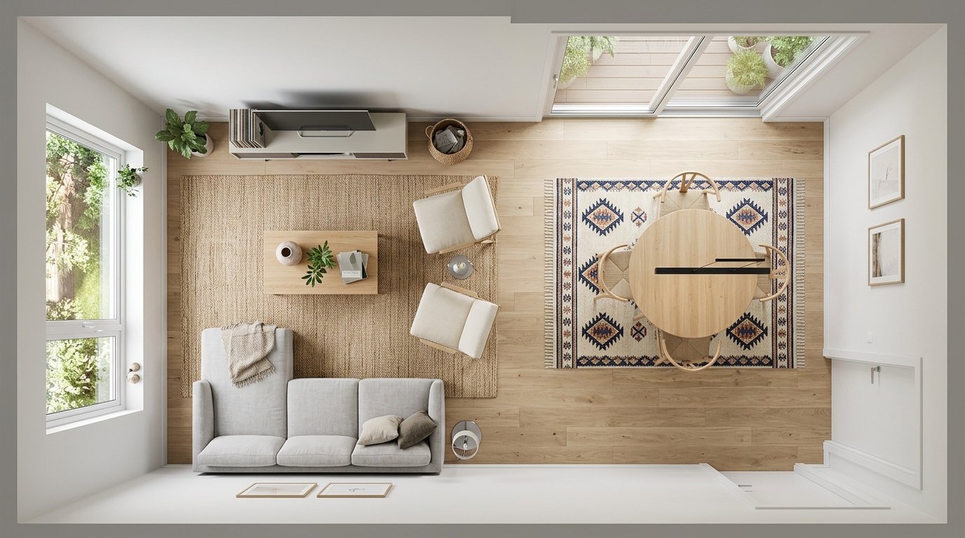 Aerial perspective of a minimalist lounge with a light grey sofa and a circular wooden dining table on patterned rugs.