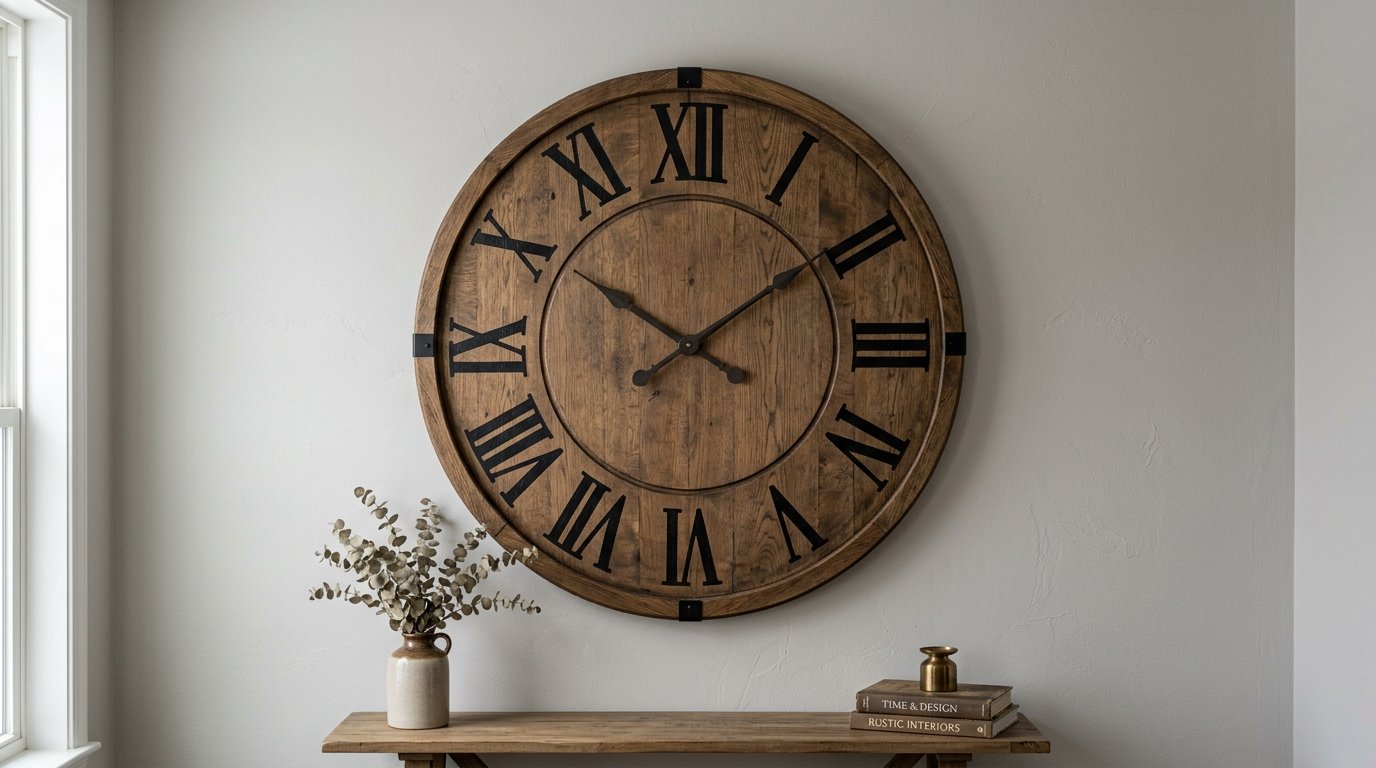 Large circular wood clock hanging above a console table with a plant and books.