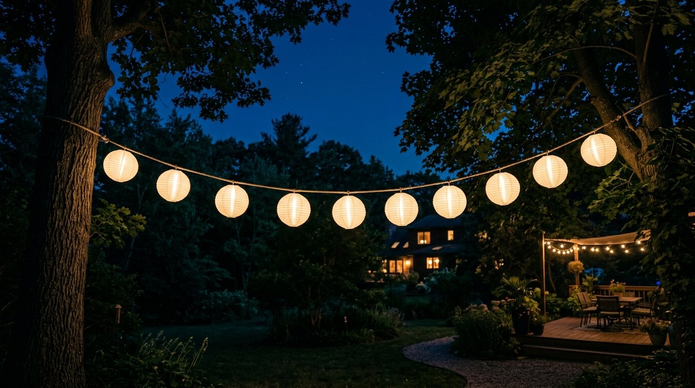 Round white paper lanterns hanging on a rope between two large trees in a dark garden setting.