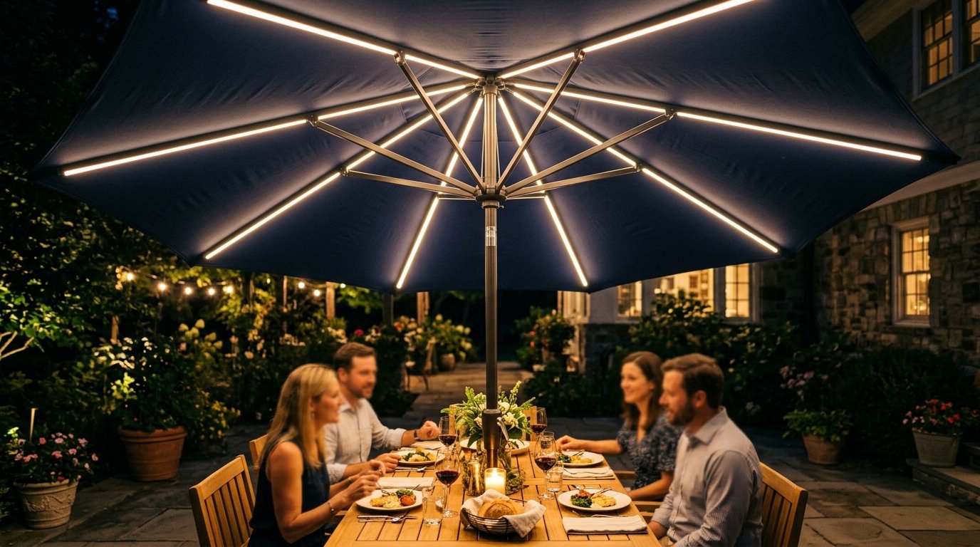 People dining at a wooden table on a stone patio beneath a dark blue umbrella featuring LED light strips.