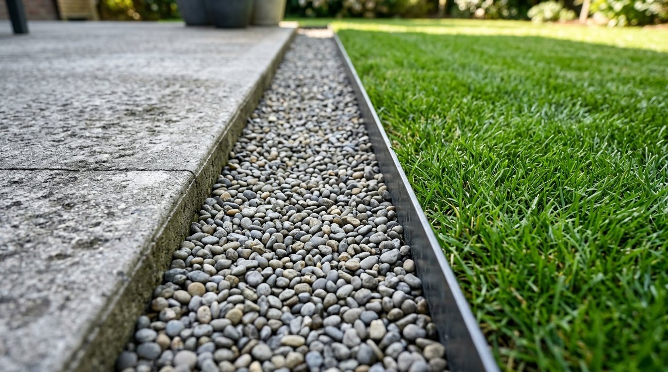 Gravel trench installed between a grey concrete patio slab and a manicured green grass lawn with metal edging.