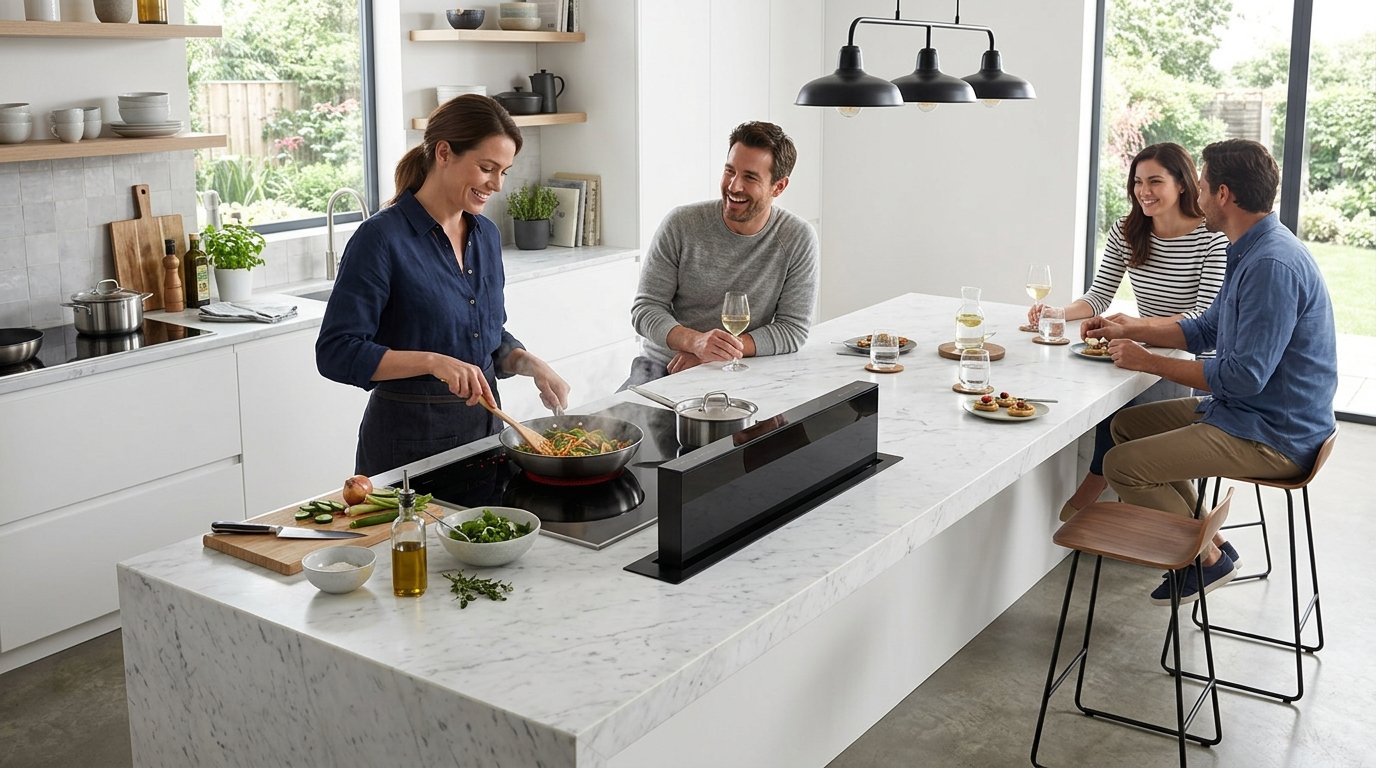 A woman cooks in a pan on a marble countertop while three friends sit on bar stools chatting and drinking white wine.