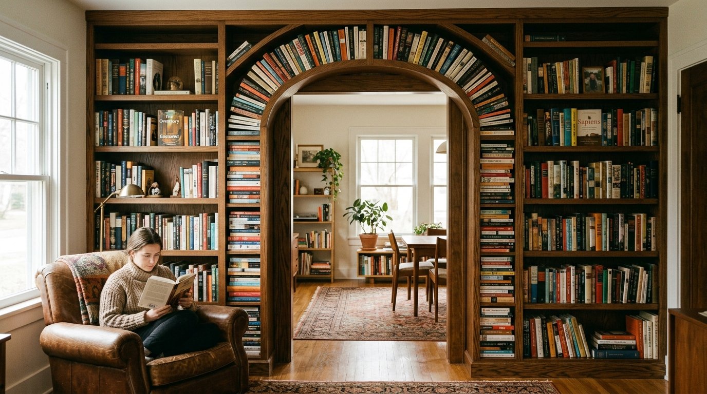 Woman reading a book in a leather chair framed by a large arched wooden bookcase filled with many books.