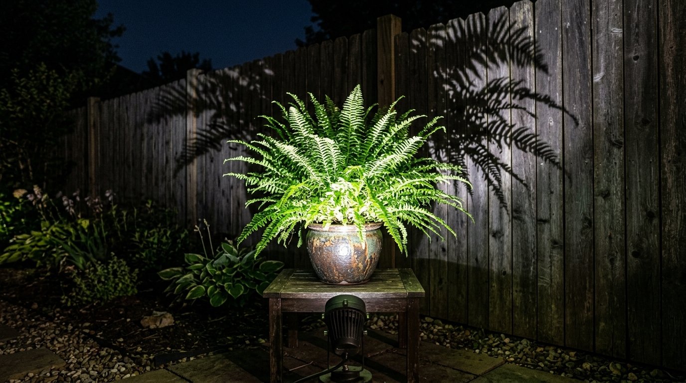 A spotlight shines on a potted fern, casting a large dramatic shadow against a wooden backyard fence at night.