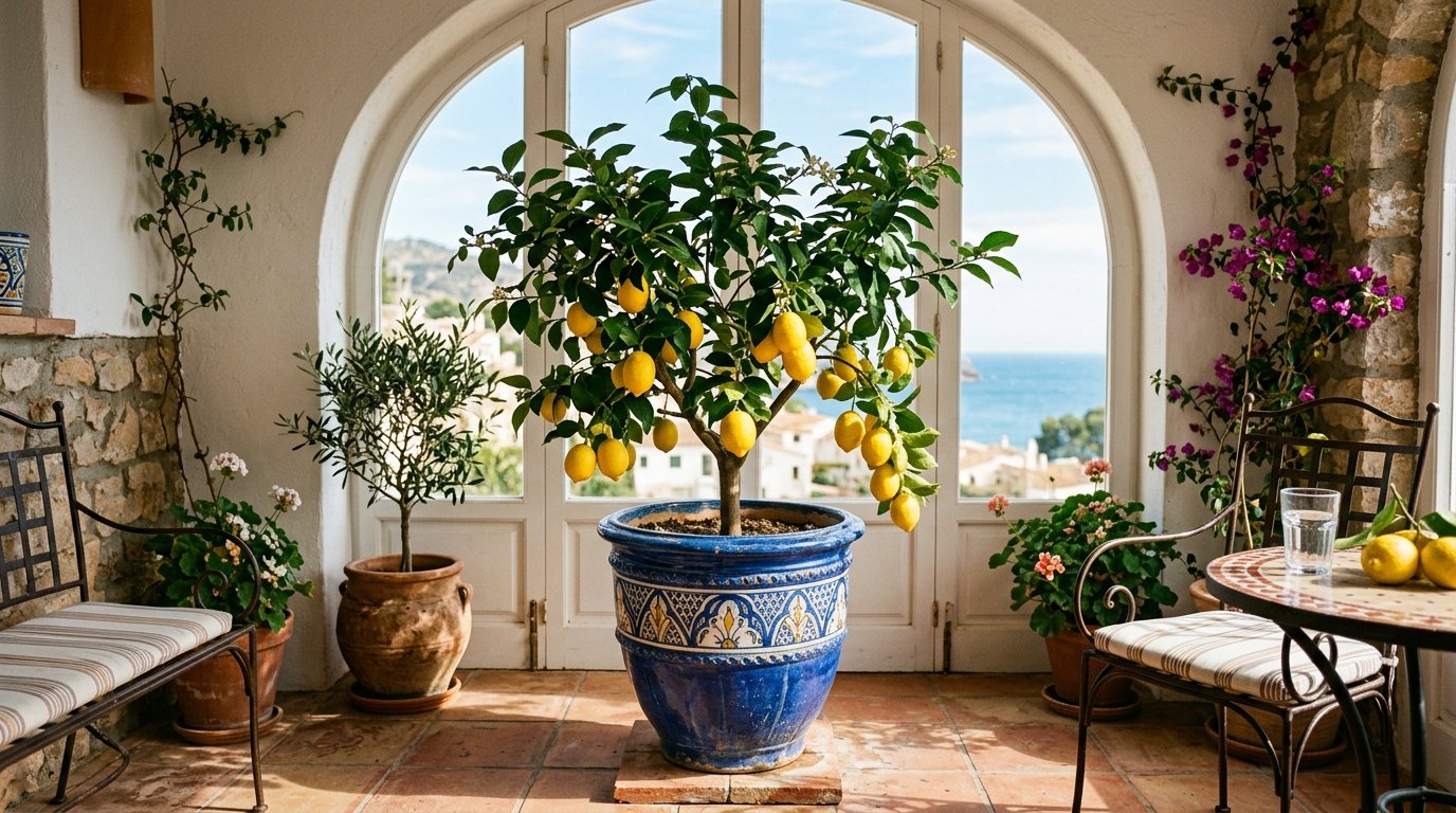 Bright yellow lemons grow on a tree planted in a decorative blue ceramic pot inside a sunny coastal terrace.