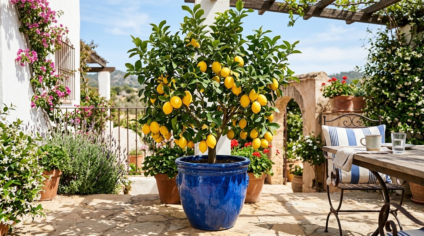 A bushy citrus tree filled with yellow lemons sitting in a large cobalt blue glazed pot on a sunny outdoor stone patio.