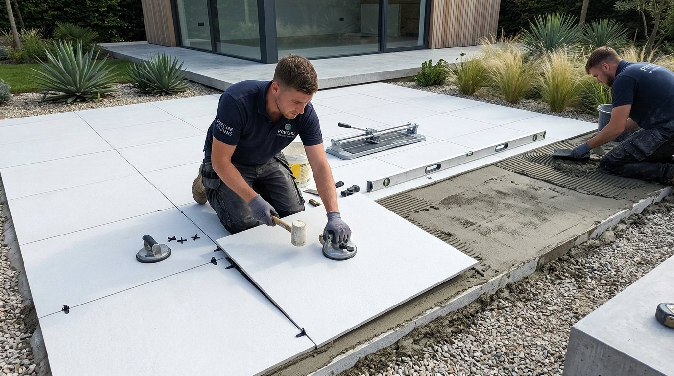 Two men laying large white outdoor tiles onto a concrete base with mortar and leveling tools in a garden.
