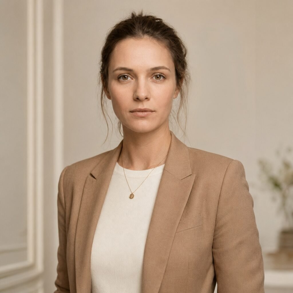 Portrait of a woman with her hair up wearing a white shirt and tan jacket looking at the camera.