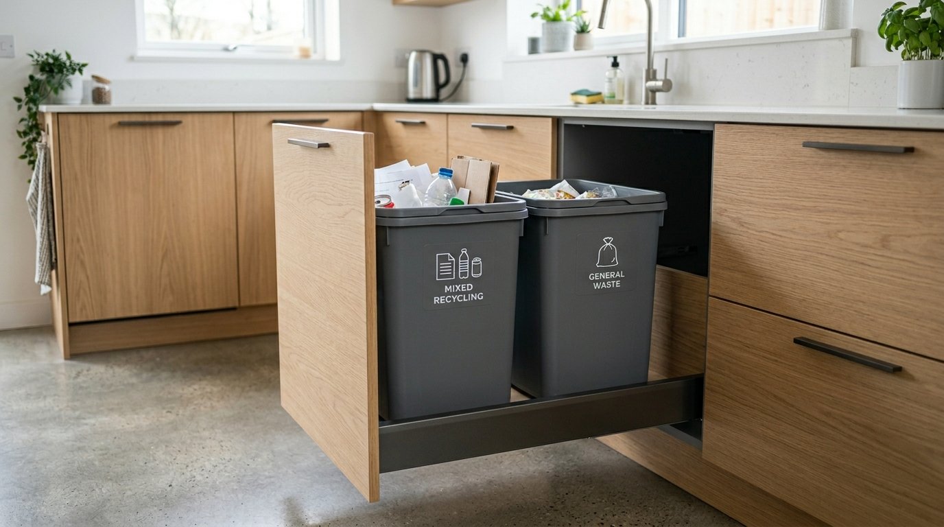 Two grey plastic trash cans inside a wooden kitchen cabinet drawer labeled for recycling and trash.