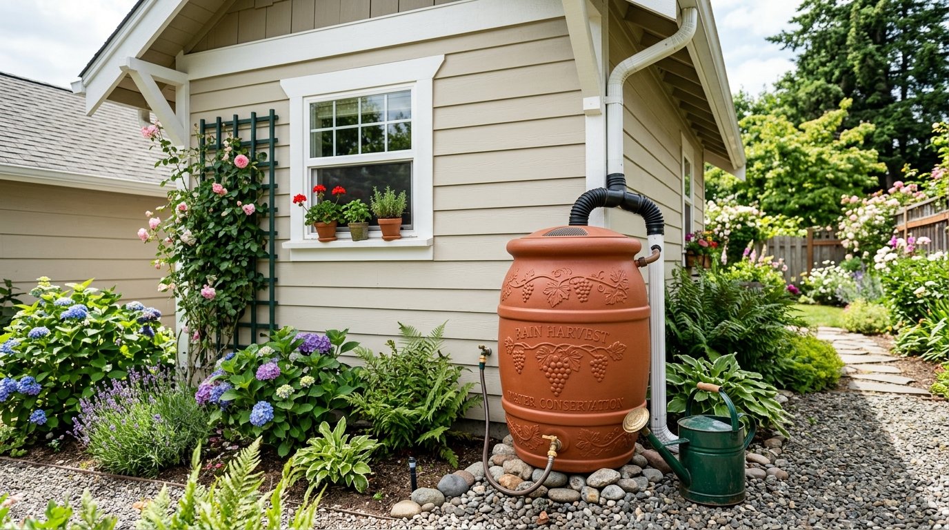 Brown rain barrel with grape motifs connected to a downspout beside a garden shed with flowers.