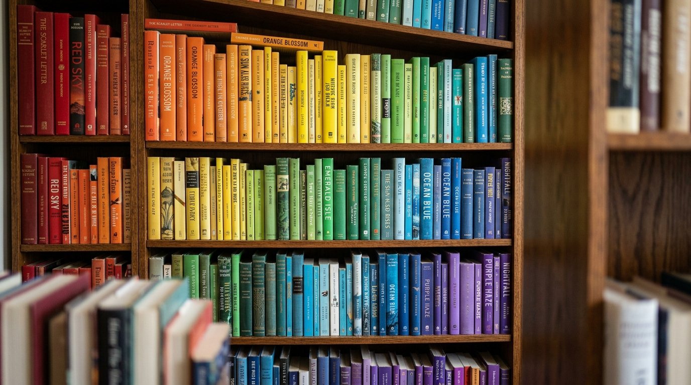 Wooden shelves filled with hardcover books arranged in a colorful gradient from red to purple.