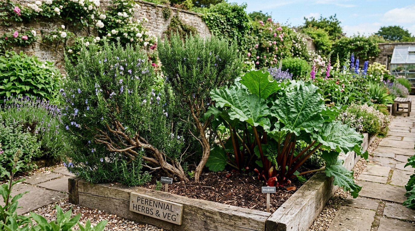 A wooden garden bed featuring large rosemary shrubs and vibrant green rhubarb leaves with red stalks.