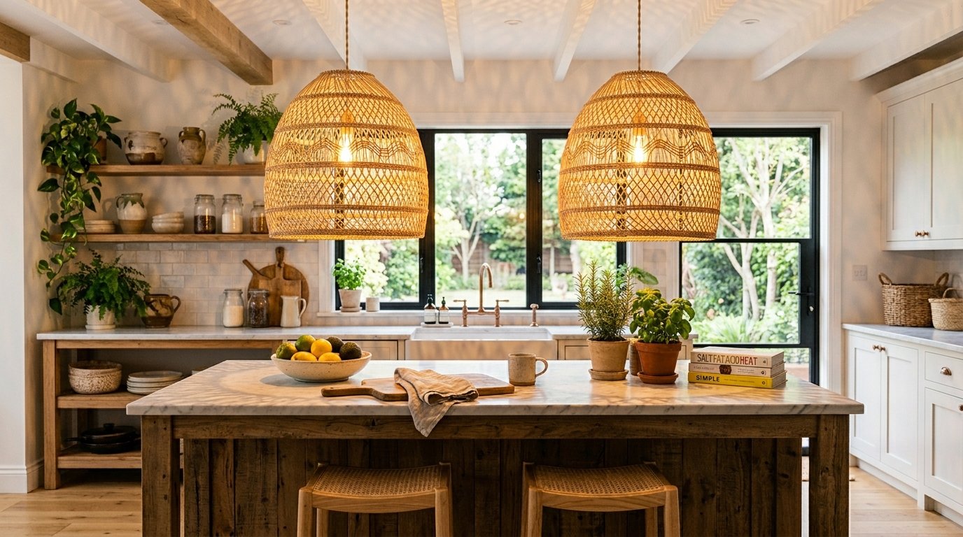 A rustic kitchen featuring a marble-topped island illuminated by two large textured dome lamps.