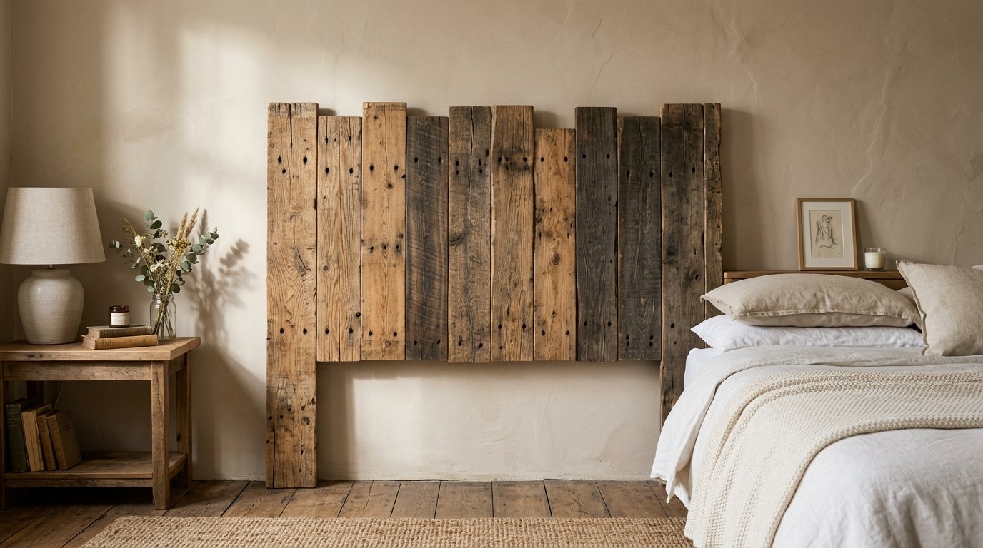 A rustic headboard made from mismatched vertical wooden planks behind a bed with beige bedding.