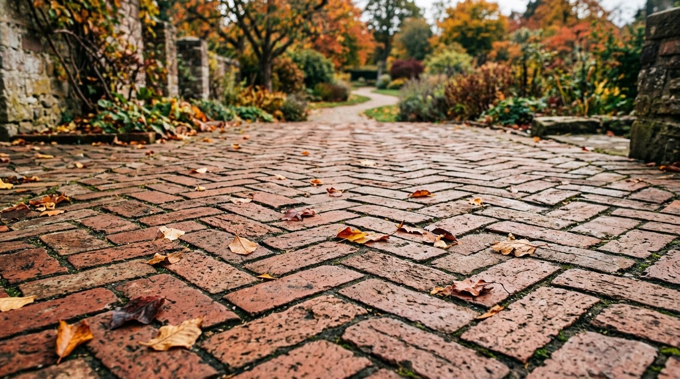 Close-up view of a worn red brick path scattered with fallen brown leaves in a garden setting.