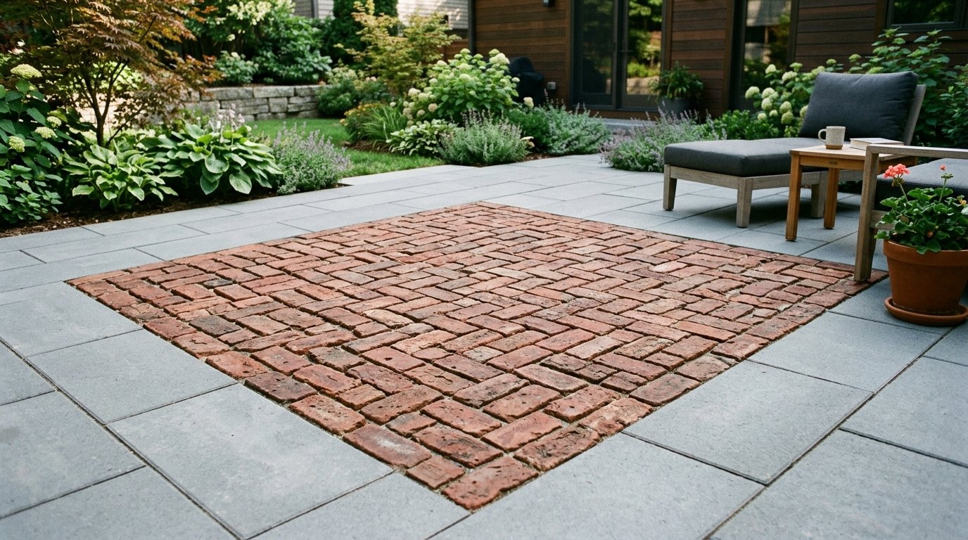 A recessed square of weathered red bricks set into a grey stone tile backyard patio.