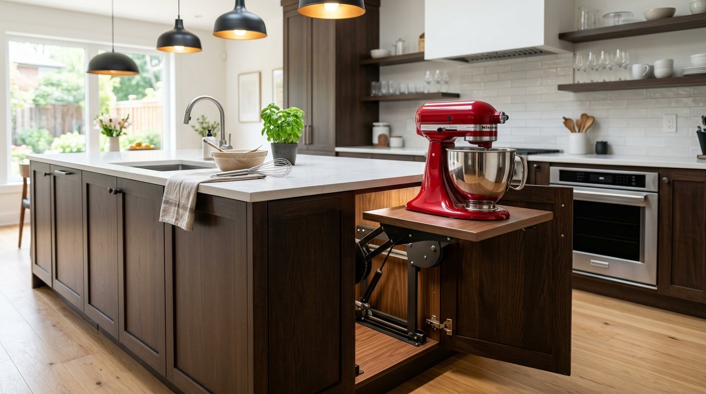 A red electric mixer on a pull-out wooden shelf mechanism integrated into a dark wood kitchen island.